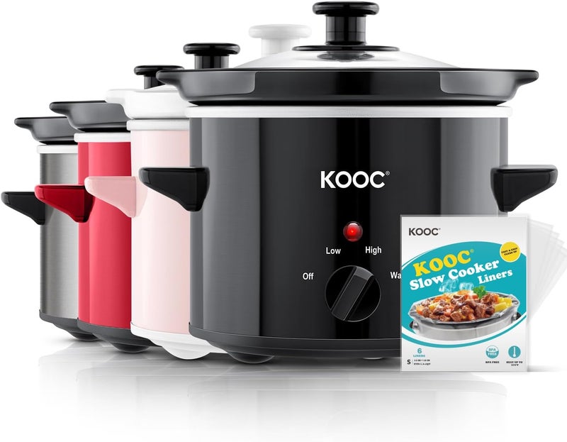 KOOC Small Slow Cooker, 2-Quart, Free Liners Included for Easy Clean-up, Upgraded Ceramic Pot, Adjustable Temp, Nutrient Loss Reduction, Stainless Steel, Black, Round… - Image 1